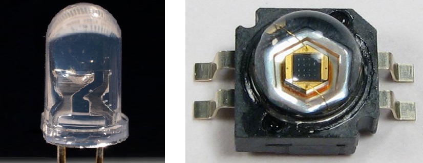 Zum Vergleich: links siehst Du eine einfache LED, bei der die typische Bauweise wunderbar zu erkennen ist; rechts ist eine kompakte SMD-Diode abgebildet, die üblicherweise in Raum- oder Pflanzenleuchtmitteln eingesetzt wird